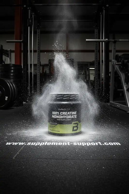 Dose mit 100% Kreatin-Monohydrat in einem Fitnessstudio mit aufwirbelndem Pulver.