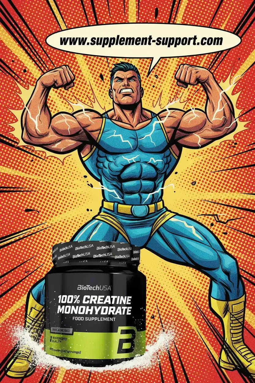 Comic-Stil Illustration eines muskulösen Superhelden mit einer Dose BiotechUSA Creatin Monohydrat.