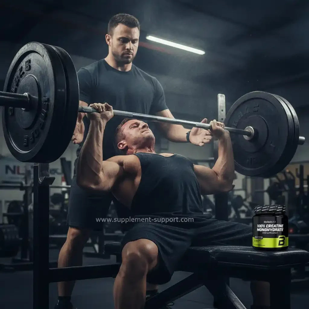 Muskulöser Mann beim Bankdrücken im Fitnessstudio mit Trainer und Creatin Monohydrat Supplement.