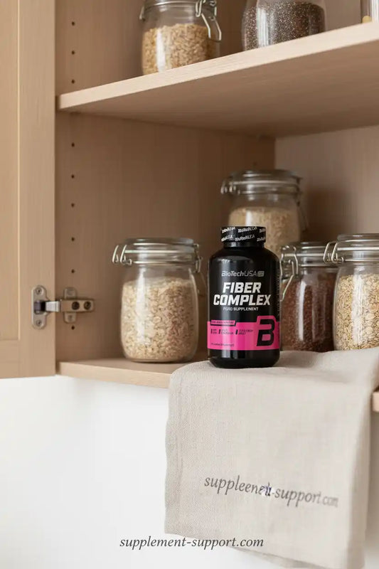 BioTechUSA Fiber Complex Nahrungsergänzungsmittel in Küchenschrank mit Getreidegläsern und Stofftasche