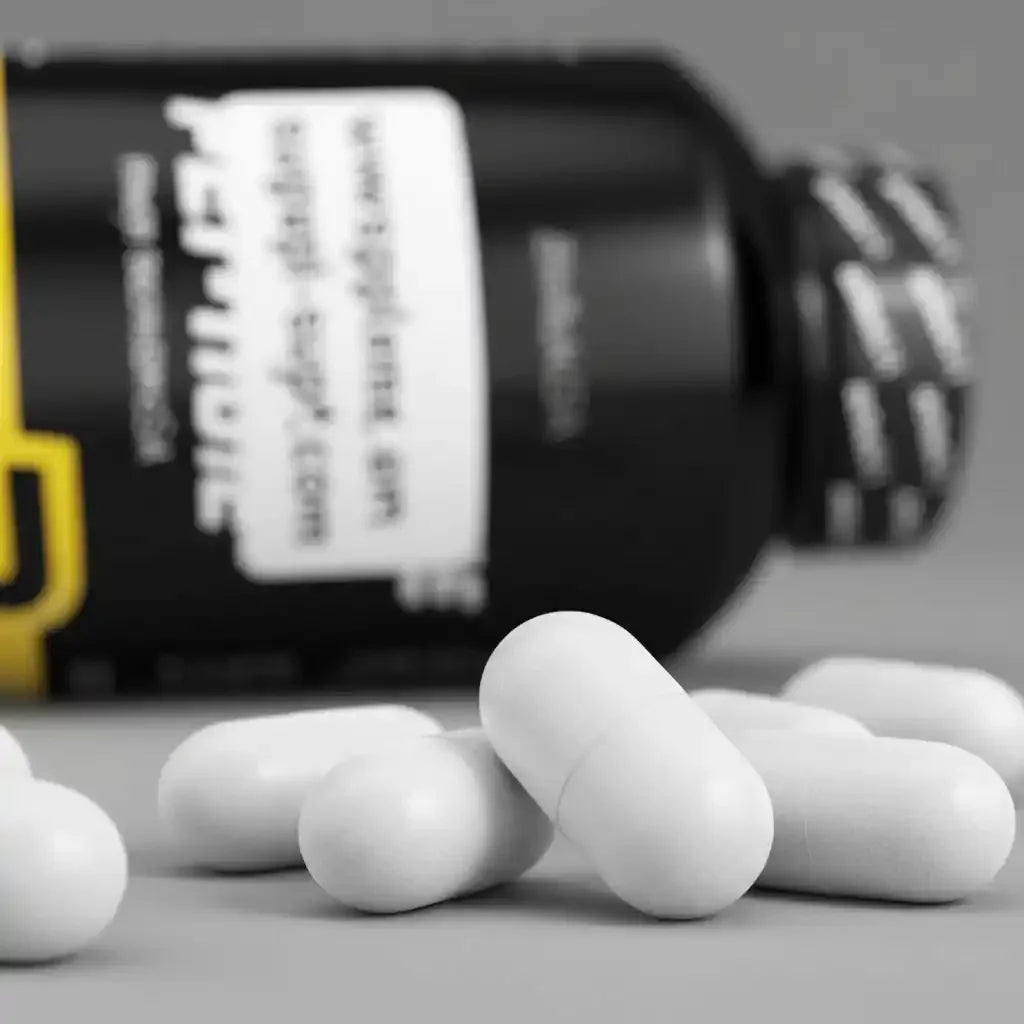 Weiße Nahrungsergänzungsmittel-Kapseln vor einer schwarzen Supplement-Dose.