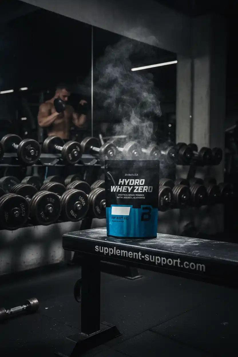 Hydro Whey Zero Proteinpulver auf Bank im Fitnessstudio mit Gewichten und Spiegel