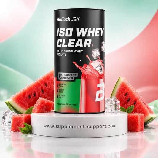 BioTech USA Iso Whey Clear Protein Pulver in Wassermelonen-Geschmack mit frischen Wassermelonenstücken