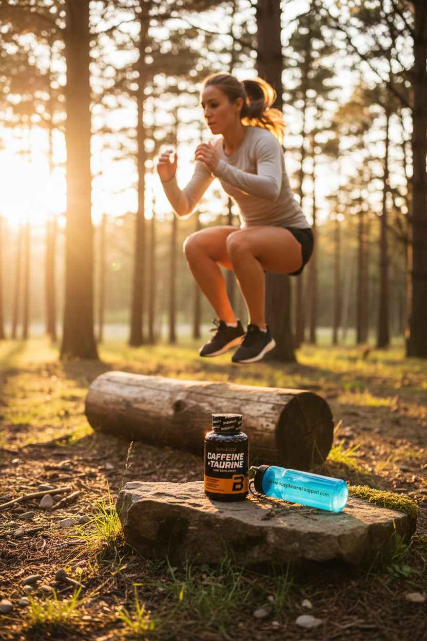 Frau beim Sprungtraining im Wald mit Caffeine + Taurine Supplement und Trinkflasche für Sportler