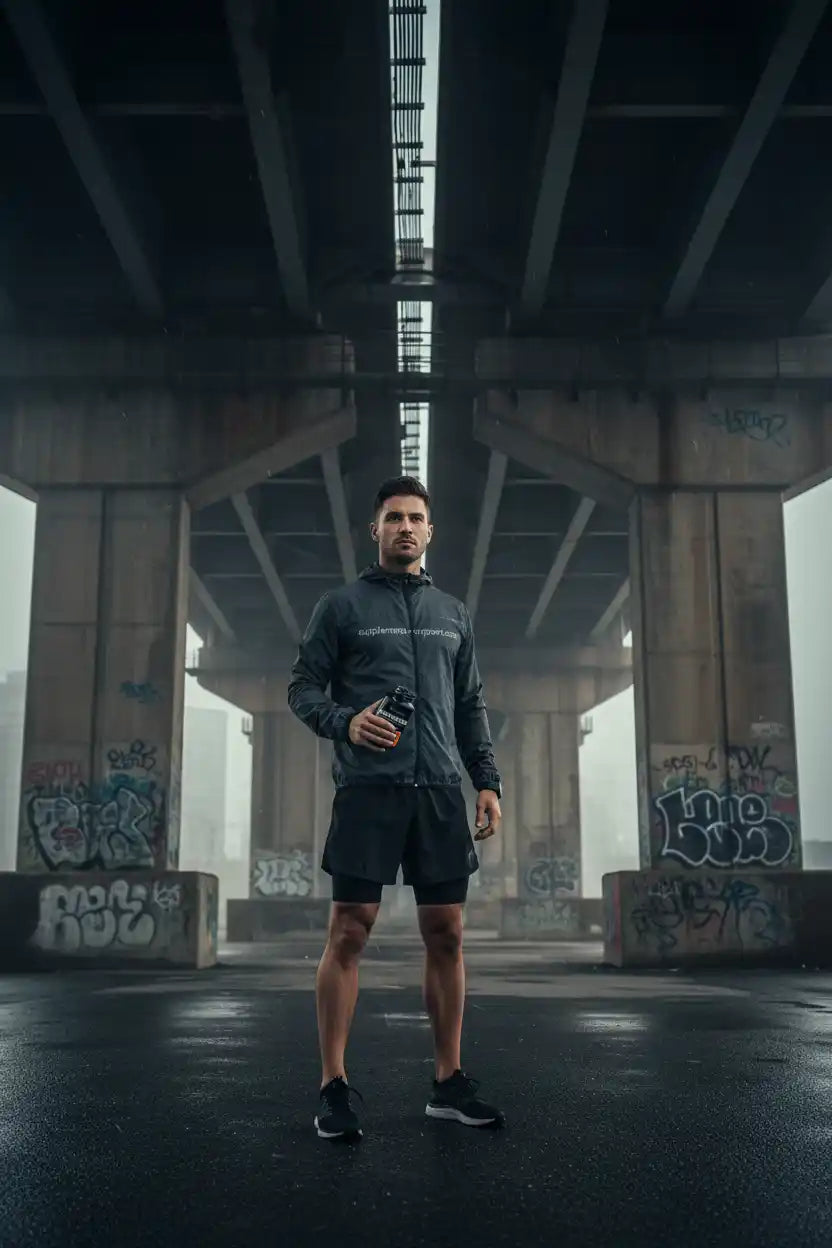 Athlet mit Nahrungsergänzungsmittel unter Brücke – Fitness & Sportnahrung für Training und Laufen