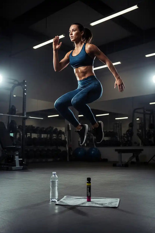 Sportliche Frau beim Sprungtraining im Fitnessstudio mit Wasserflasche und Supplement