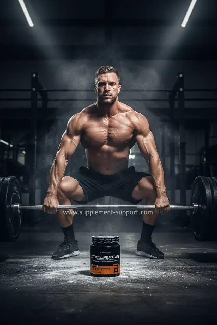 Muskulöser Mann beim Gewichtheben mit Citrulline Malate Supplement im Fitnessstudio