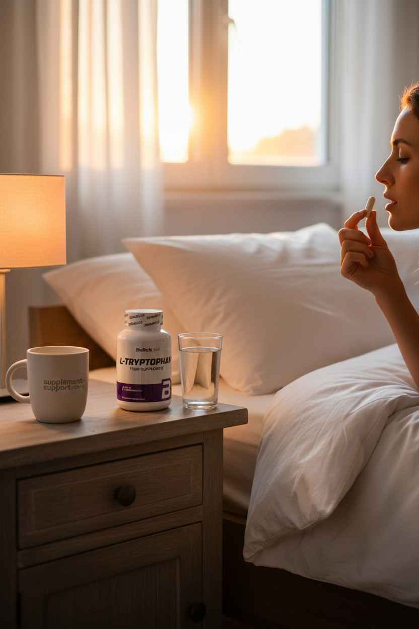 Frau nimmt L-Tryptophan Nahrungsergänzungsmittel im Bett mit Wasser ein, ideal für Sportler und Fitness
