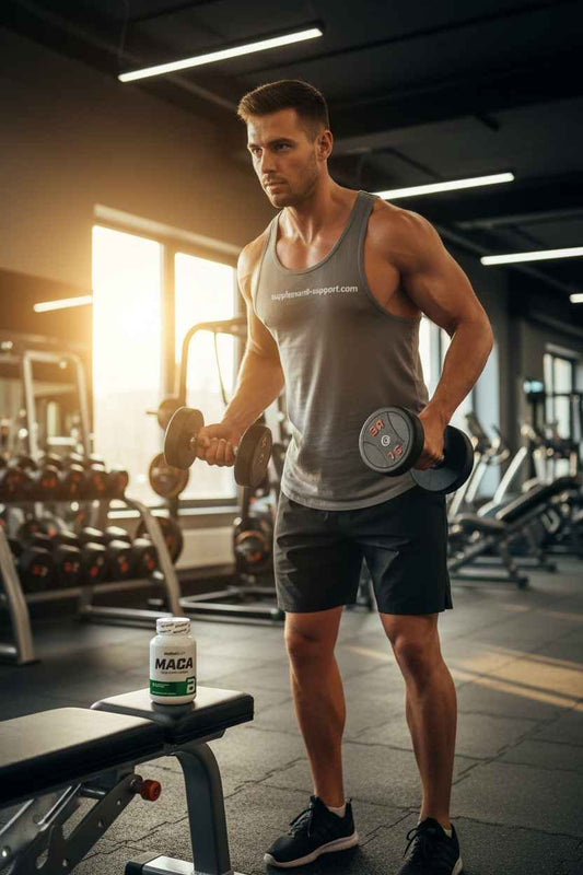 Muskulöser Mann mit Hanteln im Fitnessstudio, neben Maca-Tabletten