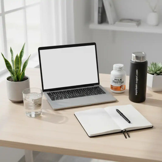 Milk Thistle Nahrungsergänzung neben Laptop, Notizbuch und Wasserflasche auf hellem Schreibtisch.