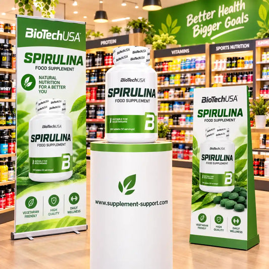 BioTech USA Spirulina Nahrungsergänzungsmittel Tabletten in einem Supplement-Shop