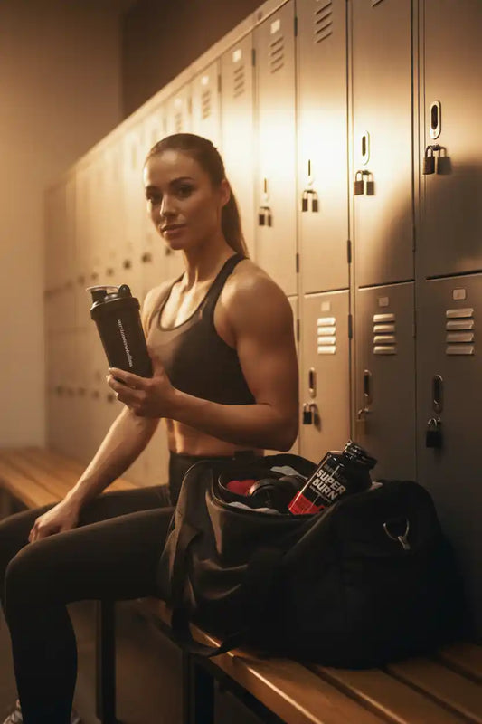 Frau mit Shaker und Sportnahrung in Umkleidekabine, Fitness- und Trainingszubehör