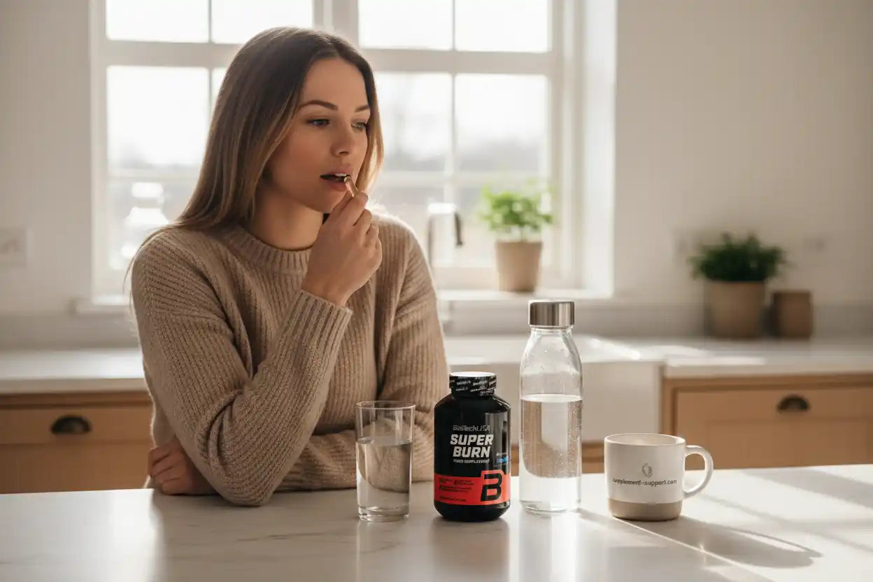 Frau nimmt Super Burn Nahrungsergänzungsmittel mit Wasser ein – ideal für Fitness und Sport