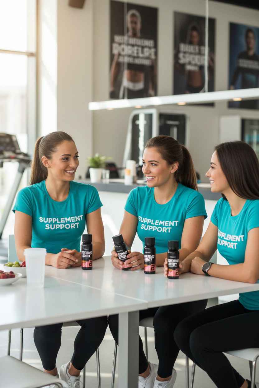 Drei Frauen in Supplement Support Shirts mit Energie-Shots im Fitnessstudio
