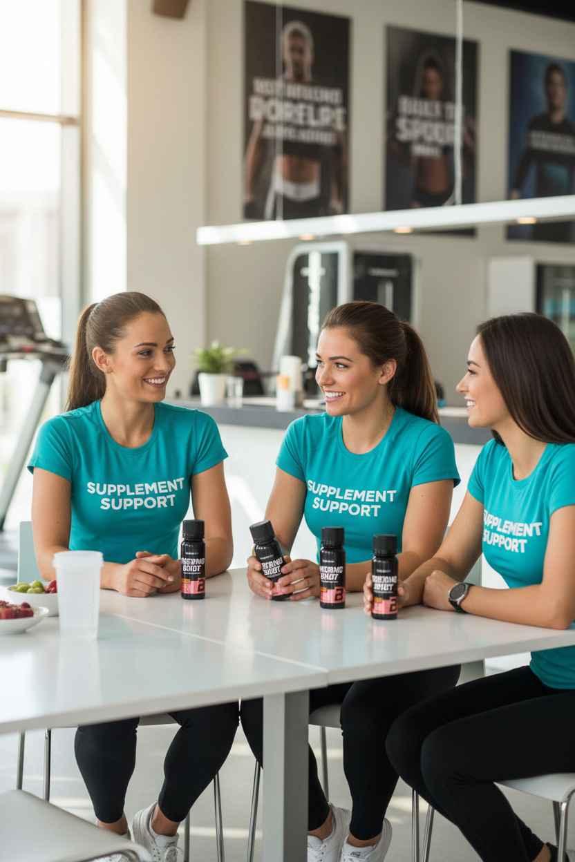 Drei Frauen in Supplement Support Shirts mit Energie-Shots im Fitnessstudio