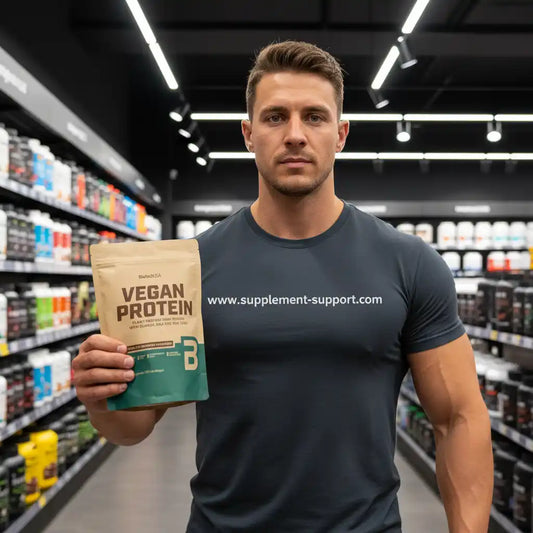 Muskulöser Mann hält Veganes Protein-Pulver in Sportnahrungsladen, ideal für Fitness und Muskelaufbau