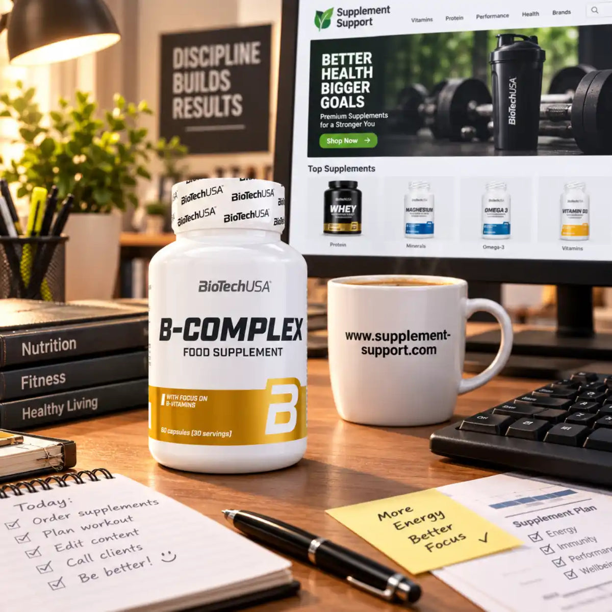 BioTech USA B-Complex Nahrungsergänzungsmittel auf einem Schreibtisch neben Kaffee und Notizen.