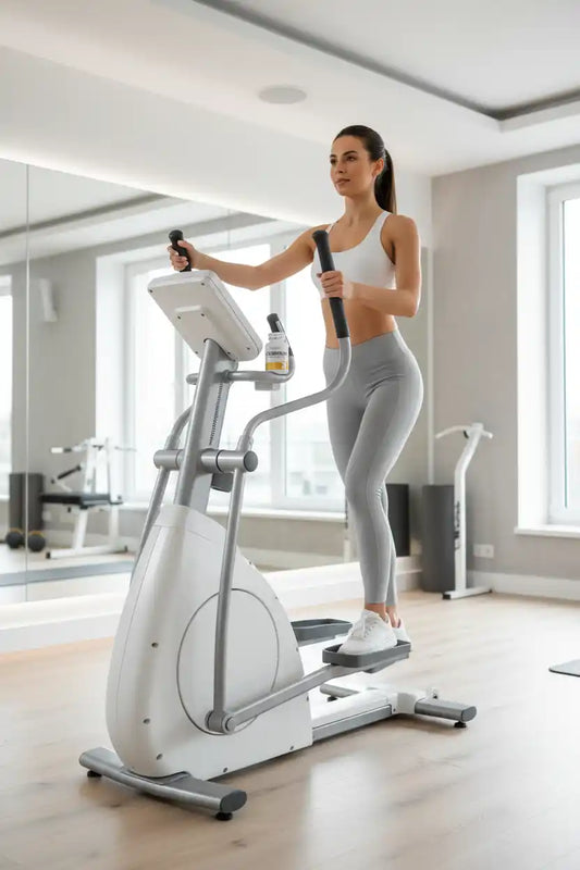 Frau trainiert auf Ellipsentrainer im Fitnessstudio mit Sportnahrung