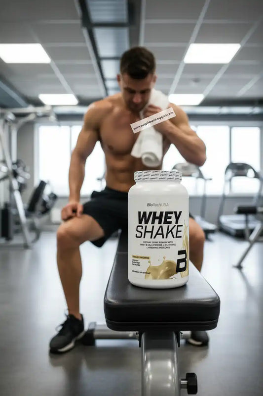 Whey Shake Proteinpulver von BioTech USA auf Trainingsbank im Fitnessstudio