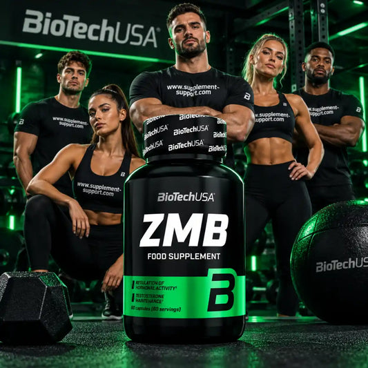 BioTech USA ZMB Nahrungsergänzungsmittel vor drei muskulösen Sportlern im Fitnessstudio.