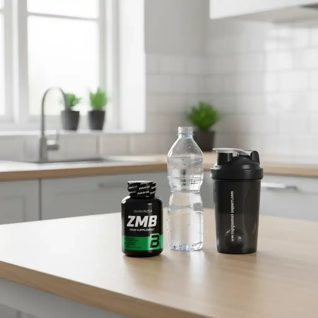 BioTech USA ZMB Nahrungsergänzung mit Wasserflasche und Shaker in einer hellen Küche