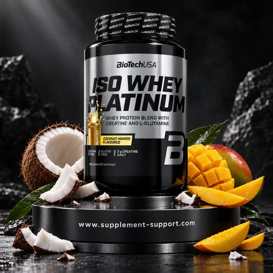 BioTech USA Iso Whey Platinum Proteinpulver Kokos-Mango Geschmack mit Kokosnuss und Mango.