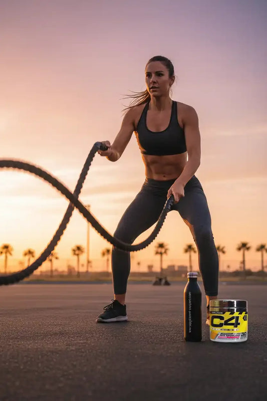 Sportlerin trainiert im Freien mit Battle Ropes, neben C4 Pre-Workout Supplement