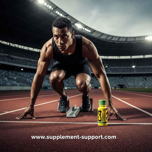 Muskulöser Sprinter in Startposition auf einer Laufbahn neben einer Dose C4 Pre-Workout.