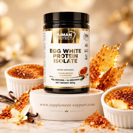 Human Protect Eiprotein Isolat in Creme Brûlée Geschmack mit Dessert-Dekoration