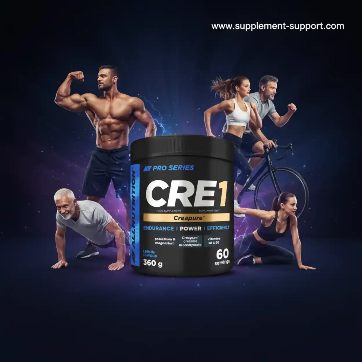 All Nutrition CRE1 Creapure Nahrungsergänzung für Ausdauer und Kraft mit Sportlern im Hintergrund.
