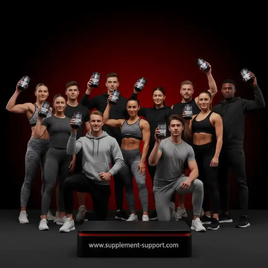 Gruppe von Sportlern in Fitnessbekleidung mit Protein-Shakern vor rotem Hintergrund