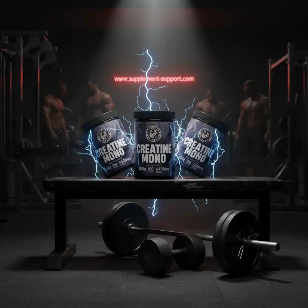 Drei Dosen Creatine Mono Nahrungsergänzung auf einem Tisch in einem Fitnessstudio mit Blitzen.