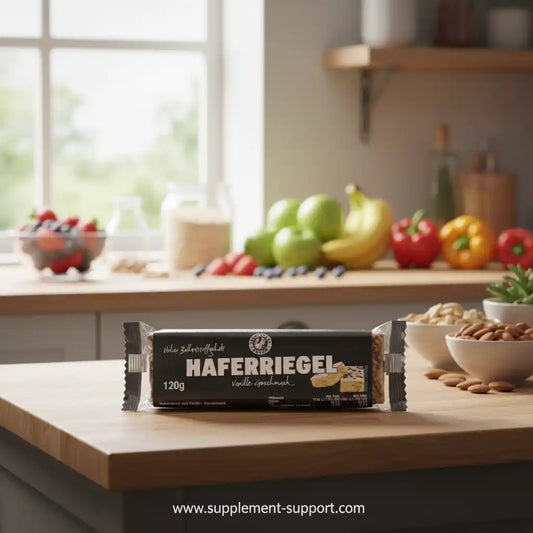 Ein Haferriegel mit Vanillegeschmack auf einer Küchenarbeitsfläche vor frischem Obst.