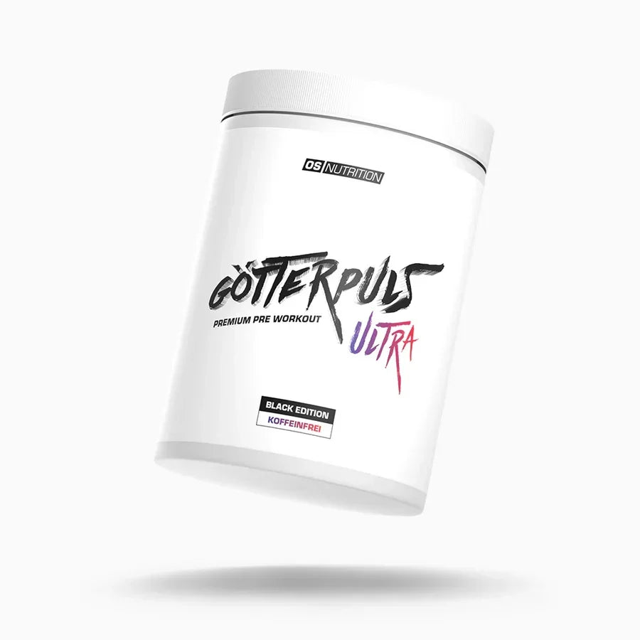 Weiße Dose Götterpuls Ultra Pre-Workout Black Edition koffeinfrei vor weißem Hintergrund