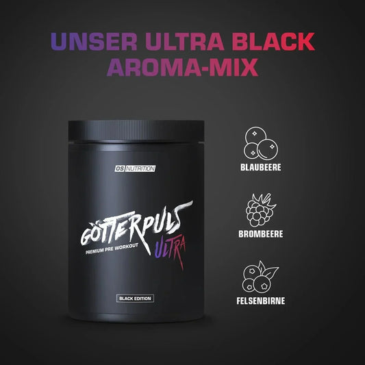 Götterpuls Ultra Premium Pre Workout Black Edition mit Blaubeere, Brombeere und Felsenbirne.