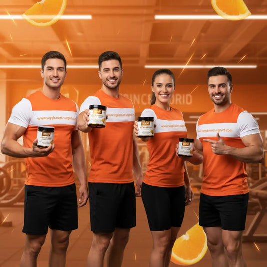 Vier sportliche Menschen im Fitnessstudio präsentieren Nahrungsergänzungsmittel mit Orangen-Motiv.
