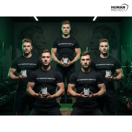 Muskulöse Männer präsentieren Nahrungsergänzungsmittel in einem Fitnessstudio.