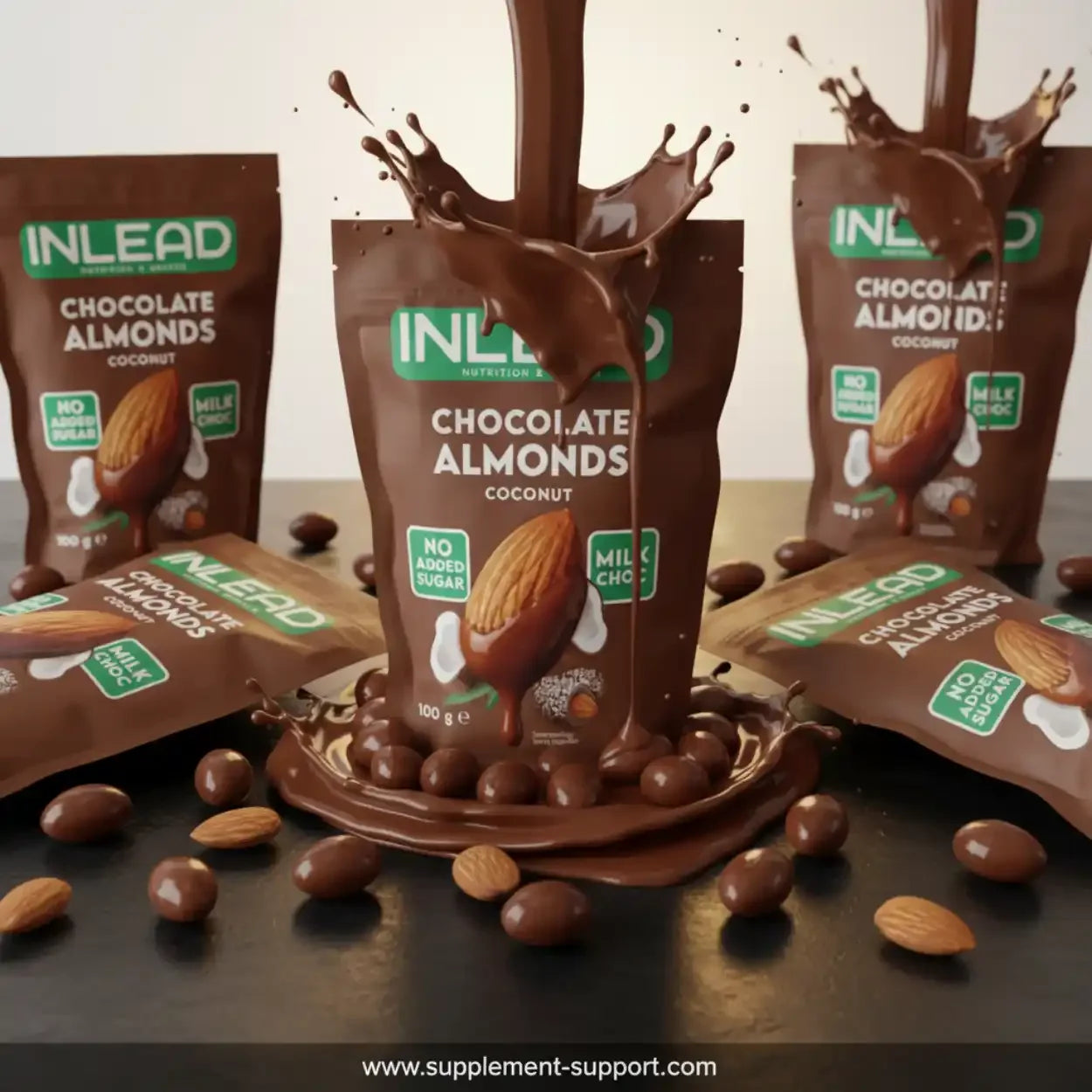 INLEAD Chocolate Almonds Kokosnuss in Milchschokolade, 100g, Produktfoto auf supplement-support.com