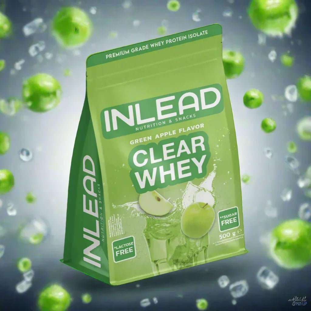 Inlead Clear Whey Protein Isolat in grüner Verpackung, Geschmack Grüner Apfel, zucker- und laktosefrei.