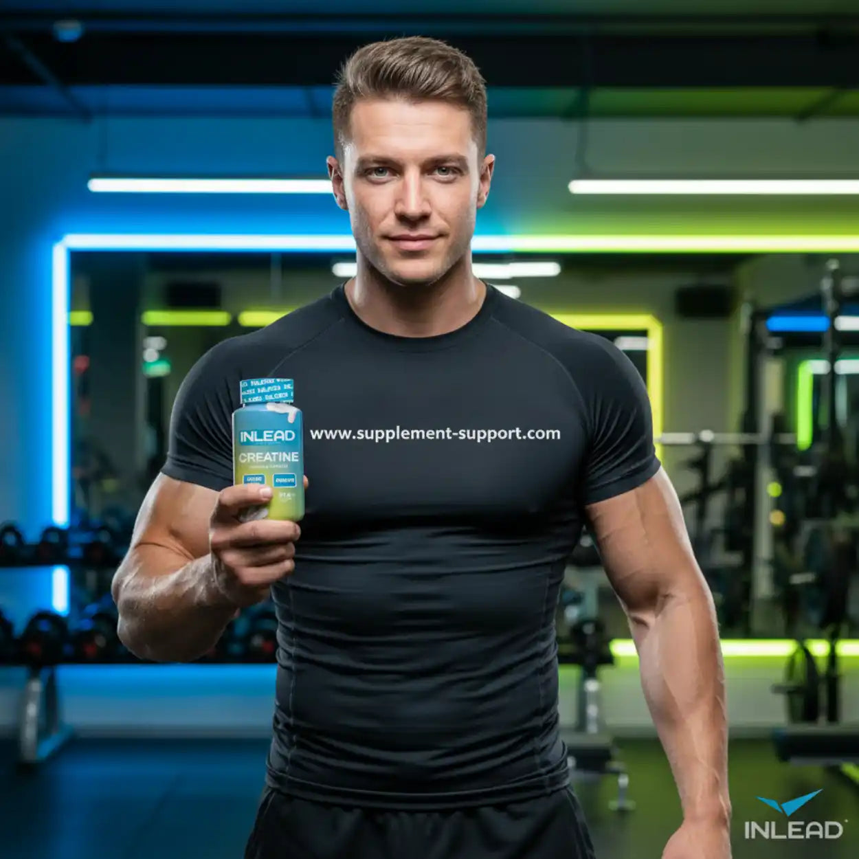 Sportler im Fitnessstudio hält INLEAD Creatine Kapseln, Nahrungsergänzung für Muskelaufbau