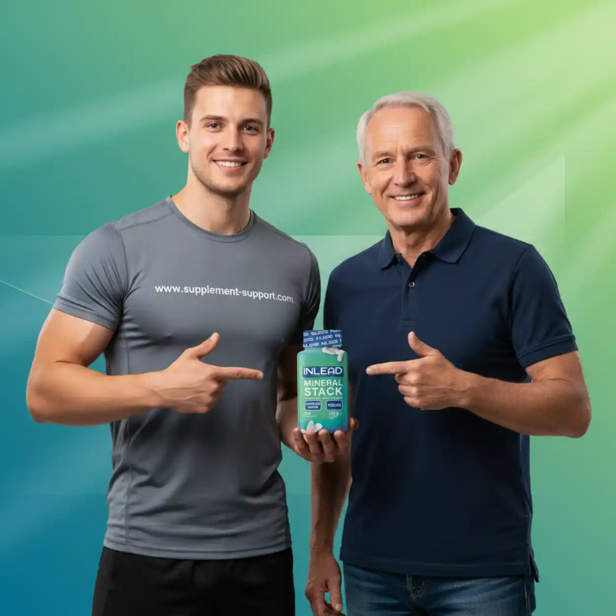Zwei Männer präsentieren INLEAD Mineral Stack Nahrungsergänzung vor grünem Hintergrund.
