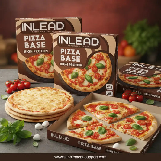Inlead Nutrition Protein Pizza Base Verpackungen und zubereitete Protein-Pizzen.