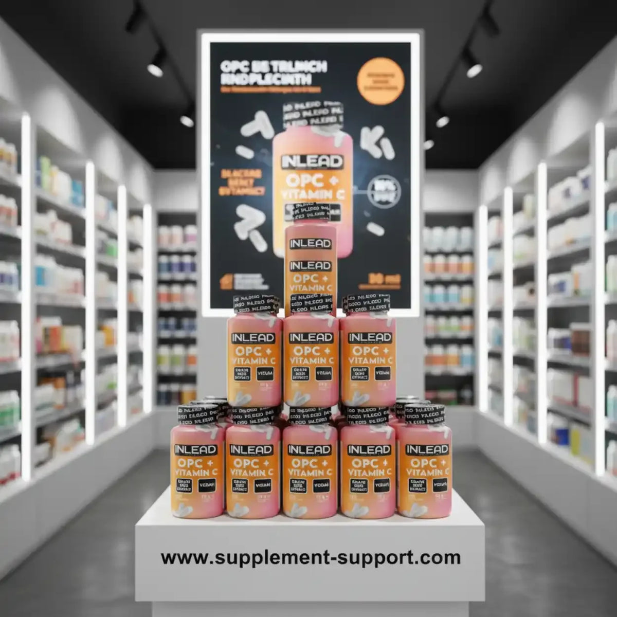 INLEAD OPC und Vitamin C Kapseln vegan im Regal eines modernen Nahrungsergänzungsmittel-Geschäfts