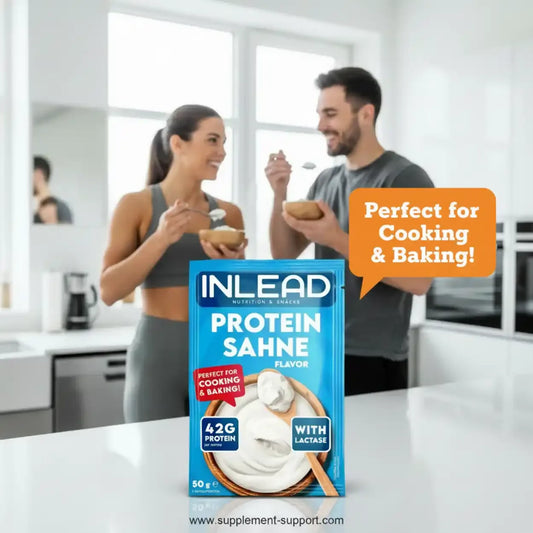 INLEAD Protein Sahne Pulver 50g, Fitness-Duo in moderner Küche, proteinreiche Sportnahrung