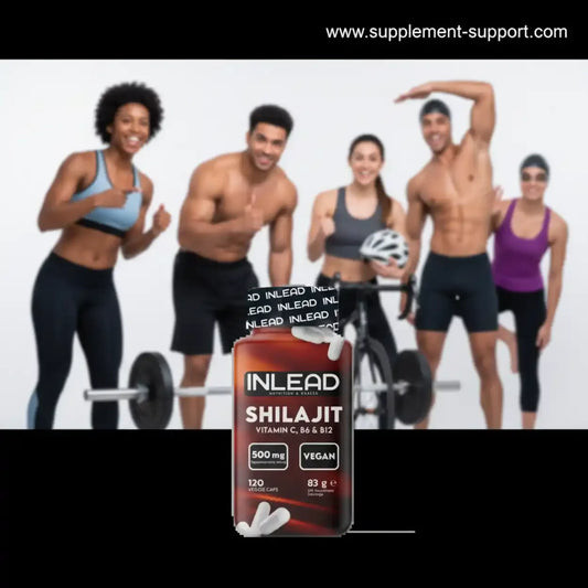 INLEAD Shilajit Kapseln vor sportlichen Menschen, Hantel und Fahrrad, Nahrungsergänzung vegan