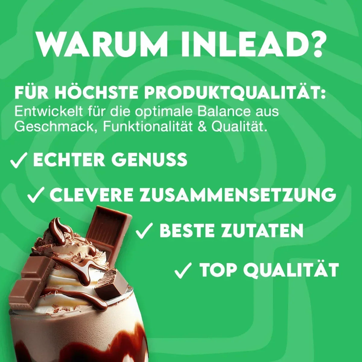 Werbebild für inLead mit Schokoladen-Protein-Shake und Qualitätsversprechen auf grünem Hintergrund.