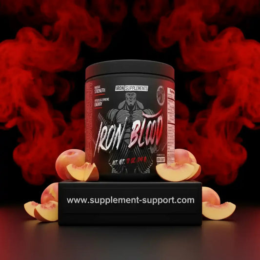 Iron Blood Trainingsbooster Dose mit Pfirsichstücken und rotem Rauch als Nahrungsergänzung