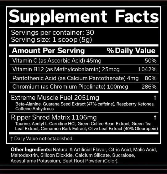 Nahrungsergänzungsmittel Supplement Facts Label mit Vitaminen, Mineralstoffen und Matrix-Blends