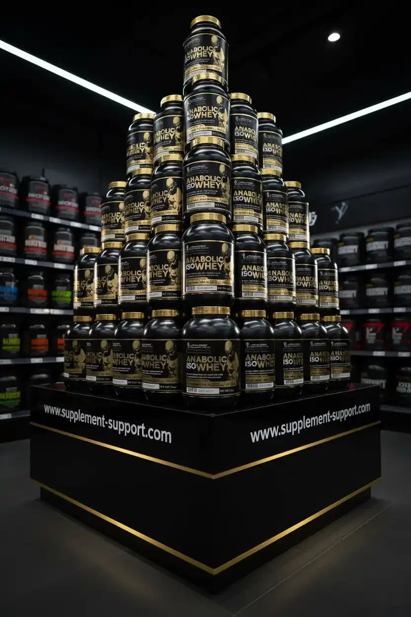 Anabolic IsoWhey Protein in schwarz-goldener Verpackung, gestapelt im Fitness-Supplement-Shop