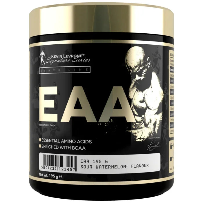 EAA Aminosäuren Pulver 195g, Sour Watermelon Geschmack, schwarze Dose mit Bodybuilder Grafik